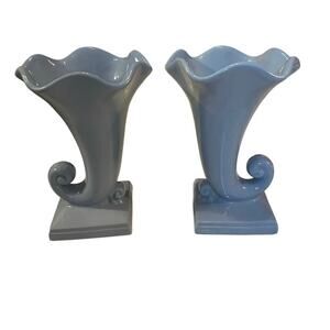 MCM Abingdon Pottery Pair Blue Cornucopia Vases vintage stamped USA 505 7x5x4.25